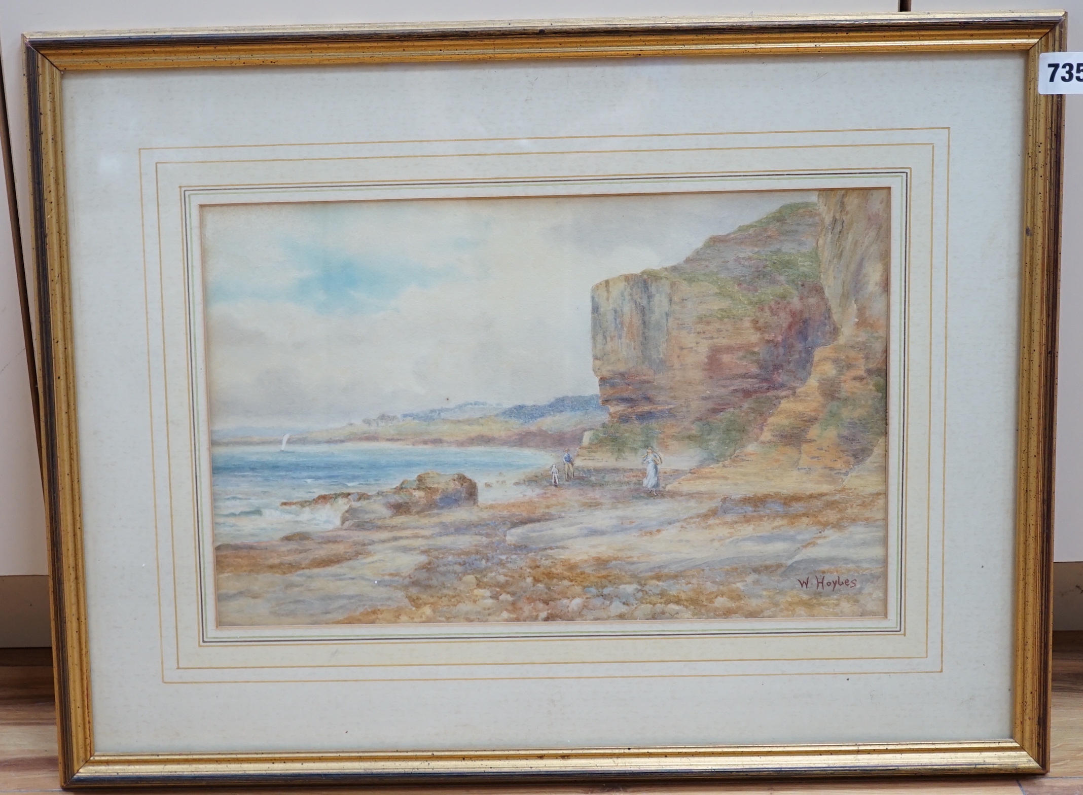 William R Hoyles (1870-1935) watercolour, coastal scene with figures, signed, details verso, 36cm x 24cm